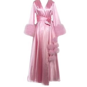 Luxurious Genuine Satin Robe with Genuine Fur Feather Trim Size M/L